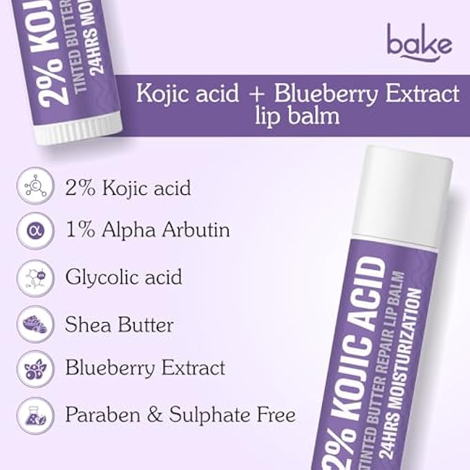 BAKE 2% KOJIC ACID TINTED BUTTER BRIGHTENING LIP BALM WITH 1% ALPHA ARBUTIN & GLYCOLIC ACID 24 HOURS MOISTURIZATION | FOR DARK, PIGMENTED, DRY, FLAKY LIPS | DE-TAN LIP BALM | FOR MEN & WOMEN - 5G - Image 2
